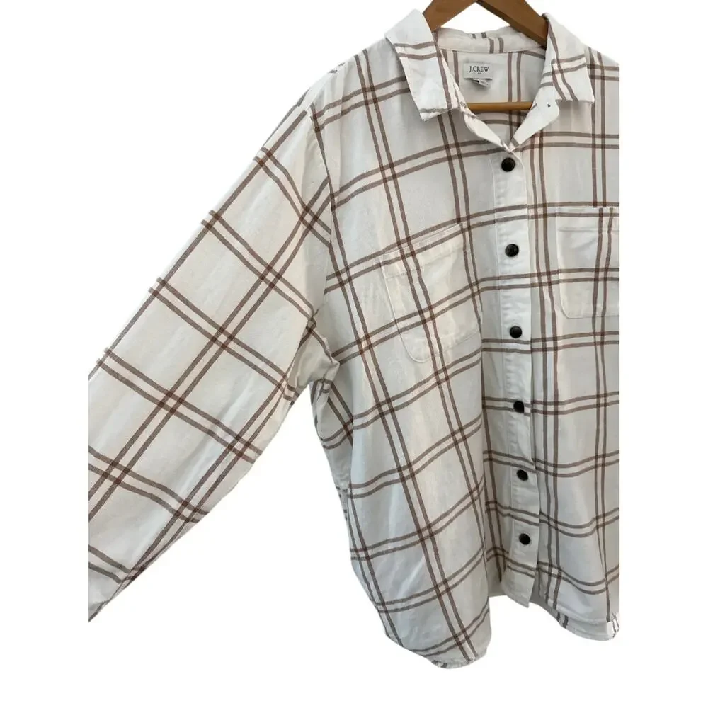 J. Crew Plus Neutral Plaid Flannel Shirt Jacket Cream‎ Brown Size XXL